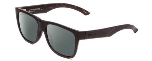 Profile View of Smith Optics Lowdown 2 Core Designer Polarized Reading Sunglasses with Custom Cut Powered Smoke Grey Lenses in Matte Tortoise Havana Gold Unisex Classic Full Rim Acetate 55 mm