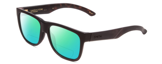 Profile View of Smith Optics Lowdown 2 Core Designer Polarized Reading Sunglasses with Custom Cut Powered Green Mirror Lenses in Matte Tortoise Havana Gold Unisex Classic Full Rim Acetate 55 mm