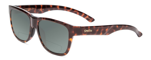 Profile View of Smith Optics Lowdown Slim 2 Designer Polarized Reading Sunglasses with Custom Cut Powered Smoke Grey Lenses in Tortoise Havana Gold Unisex Classic Full Rim Acetate 53 mm