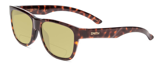 Profile View of Smith Optics Lowdown Slim 2 Designer Polarized Reading Sunglasses with Custom Cut Powered Sun Flower Yellow Lenses in Tortoise Havana Gold Unisex Classic Full Rim Acetate 53 mm