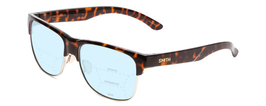 Profile View of Smith Optics Lowdown Split Designer Progressive Lens Blue Light Blocking Eyeglasses in Tortoise Havana Brown Gold Unisex Classic Semi-Rimless Acetate 56 mm with Progressive Blue Light Lens Functionality illustration laid on top of the lens