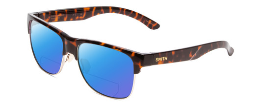 Profile View of Smith Optics Lowdown Split Designer Polarized Reading Sunglasses with Custom Cut Powered Blue Mirror Lenses in Tortoise Havana Brown Gold Unisex Classic Semi-Rimless Acetate 56 mm