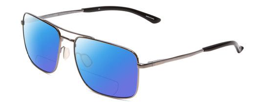 Profile View of Smith Optics Outcome Designer Polarized Reading Sunglasses with Custom Cut Powered Blue Mirror Lenses in Gun Metal Silver Black Unisex Aviator Full Rim Metal 59 mm