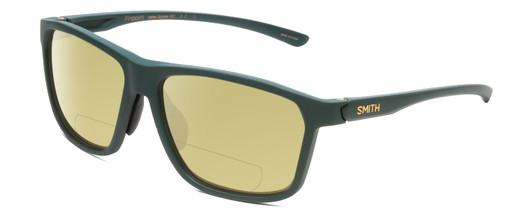 Profile View of Smith Optics Pinpoint Designer Polarized Reading Sunglasses with Custom Cut Powered Sun Flower Yellow Lenses in Matte Spruce Green Unisex Square Full Rim Acetate 59 mm