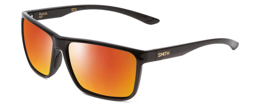 Profile View of Smith Optics Riptide Designer Polarized Sunglasses with Custom Cut Red Mirror Lenses in Gloss Black Unisex Rectangle Full Rim Acetate 57 mm