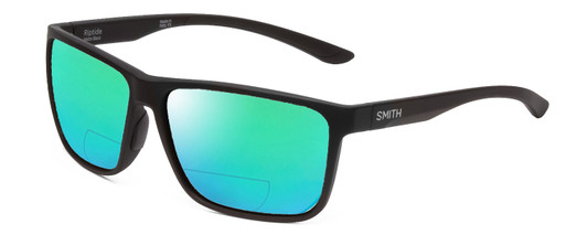 Profile View of Smith Optics Riptide Designer Polarized Reading Sunglasses with Custom Cut Powered Green Mirror Lenses in Matte Black Unisex Rectangle Full Rim Acetate 57 mm