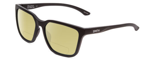 Profile View of Smith Optics Shoutout Designer Polarized Reading Sunglasses with Custom Cut Powered Sun Flower Yellow Lenses in Matte Black Unisex Retro Full Rim Acetate 57 mm
