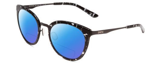 Profile View of Smith Optics Somerset Designer Polarized Reading Sunglasses with Custom Cut Powered Blue Mirror Lenses in Black Marble Tortoise Ladies Cateye Full Rim Stainless Steel 53 mm