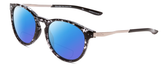 Profile View of Smith Optics Wander Designer Polarized Reading Sunglasses with Custom Cut Powered Blue Mirror Lenses in Black Marble Tortoise Unisex Round Full Rim Acetate 55 mm