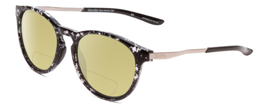 Profile View of Smith Optics Wander Designer Polarized Reading Sunglasses with Custom Cut Powered Sun Flower Yellow Lenses in Black Marble Tortoise Unisex Round Full Rim Acetate 55 mm