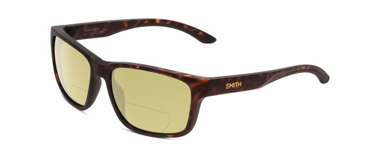 Profile View of Smith Optics Basecamp Designer Polarized Reading Sunglasses with Custom Cut Powered Sun Flower Yellow Lenses in Matte Tortoise Havana Gold Unisex Square Full Rim Acetate 58 mm