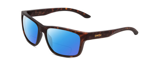 Profile View of Smith Optics Basecamp Designer Polarized Reading Sunglasses with Custom Cut Powered Blue Mirror Lenses in Matte Tortoise Havana Gold Unisex Square Full Rim Acetate 58 mm