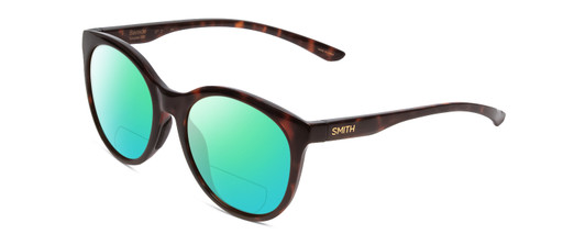 Profile View of Smith Optics Bayside Designer Polarized Reading Sunglasses with Custom Cut Powered Green Mirror Lenses in Tortoise Havana Gold Unisex Cateye Full Rim Acetate 54 mm