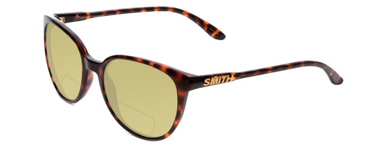 Profile View of Smith Optics Cheetah Designer Polarized Reading Sunglasses with Custom Cut Powered Sun Flower Yellow Lenses in Tortoise Havana Gold Ladies Cateye Full Rim Acetate 54 mm