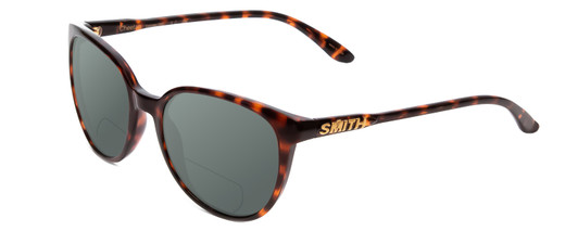 Profile View of Smith Optics Cheetah Designer Polarized Reading Sunglasses with Custom Cut Powered Smoke Grey Lenses in Tortoise Havana Gold Ladies Cateye Full Rim Acetate 54 mm
