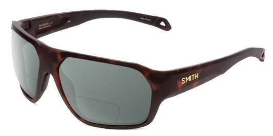 Profile View of Smith Optics Deckboss Designer Polarized Reading Sunglasses with Custom Cut Powered Smoke Grey Lenses in Matte Tortoise Havana Brown Gold Unisex Rectangle Full Rim Acetate 63 mm