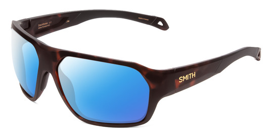 Close Up View of Smith Optics Deckboss Designer Polarized Sunglasses with Custom Cut Smoke Grey Lenses in Matte Tortoise Havana Gold Unisex Rectangle Full Rim Acetate 63 mm