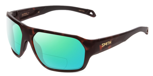 Profile View of Smith Optics Deckboss Designer Polarized Reading Sunglasses with Custom Cut Powered Green Mirror Lenses in Matte Tortoise Havana Gold Unisex Rectangle Full Rim Acetate 63 mm
