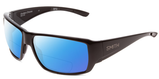 Profile View of Smith Optics Guides Choice Designer Polarized Reading Sunglasses with Custom Cut Powered Blue Mirror Lenses in Gloss Black Unisex Rectangle Full Rim Acetate 62 mm