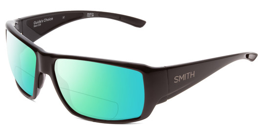 Profile View of Smith Optics Guides Choice Designer Polarized Reading Sunglasses with Custom Cut Powered Green Mirror Lenses in Gloss Black Unisex Rectangle Full Rim Acetate 62 mm