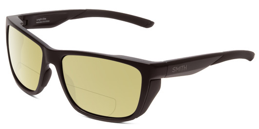 Side View of Smith Optics Longfin Elite Designer Polarized Reading Sunglasses with Custom Cut Powered Green Mirror Lenses in Matte Black Unisex Wrap Full Rim Acetate 59 mm