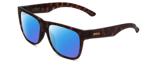 Profile View of Smith Optics Lowdown 2 Designer Polarized Sunglasses with Custom Cut Blue Mirror Lenses in Matte Tortoise Havana Gold Unisex Classic Full Rim Acetate 55 mm