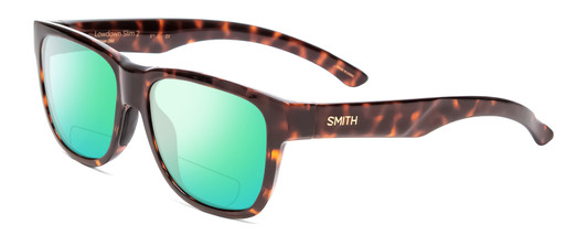 Profile View of Smith Optics Lowdown Slim 2 Designer Polarized Reading Sunglasses with Custom Cut Powered Green Mirror Lenses in Tortoise Havana Brown Gold Unisex Classic Full Rim Acetate 53 mm