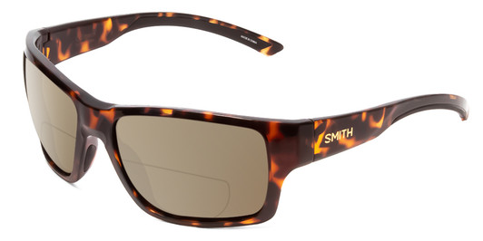 Profile View of Smith Optics Outback Designer Polarized Reading Sunglasses with Custom Cut Powered Amber Brown Lenses in Tortoise Havana Brown Gold Unisex Square Full Rim Acetate 59 mm