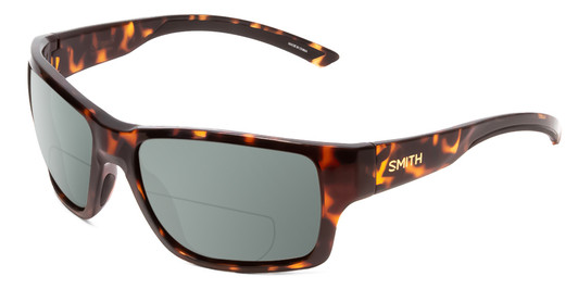 Profile View of Smith Optics Outback Designer Polarized Reading Sunglasses with Custom Cut Powered Smoke Grey Lenses in Tortoise Havana Brown Gold Unisex Square Full Rim Acetate 59 mm