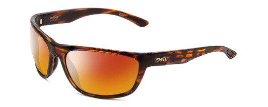 Profile View of Smith Optics Redding Designer Polarized Sunglasses with Custom Cut Red Mirror Lenses in Tortoise Havana Brown Gold Unisex Wrap Full Rim Acetate 62 mm