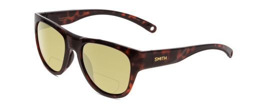 Profile View of Smith Optics Rockaway Designer Polarized Reading Sunglasses with Custom Cut Powered Sun Flower Yellow Lenses in Tortoise Havana Brown Gold Ladies Cateye Full Rim Acetate 52 mm
