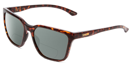 Profile View of Smith Optics Shoutout Designer Polarized Reading Sunglasses with Custom Cut Powered Smoke Grey Lenses in Tortoise Havana Gold Unisex Retro Full Rim Acetate 57 mm