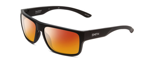 Profile View of Smith Optics Soundtrack Designer Polarized Sunglasses with Custom Cut Red Mirror Lenses in Matte Black Unisex Rectangle Full Rim Acetate 61 mm