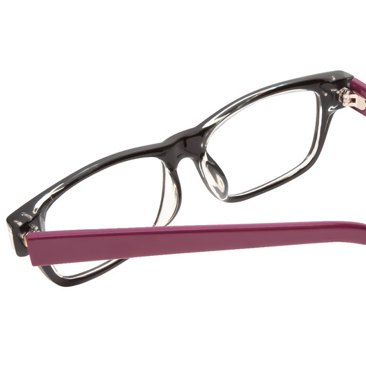 Close Up View of SOHO 1010 Designer Progressive Lens Prescription Rx Eyeglasses in Gloss Black Crystal Clear Layered/Plum Purple Ladies Rectangle Full Rim Acetate 50 mm