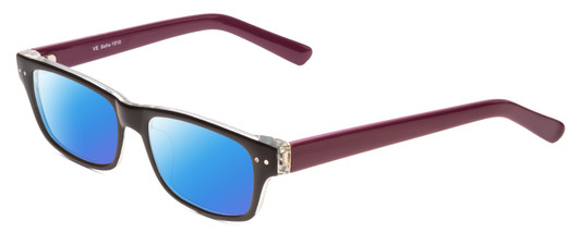 Profile View of SOHO 1010 Designer Polarized Sunglasses with Custom Cut Blue Mirror Lenses in Gloss Black Crystal Clear Layered/Plum Purple Ladies Rectangle Full Rim Acetate 50 mm