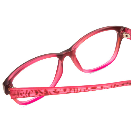 Close Up View of SOHO 1013 Designer Progressive Lens Prescription Rx Eyeglasses in Wine Purple Rose Pink Fade/ Zebra Animal Print Ladies Cateye Full Rim Acetate 52 mm