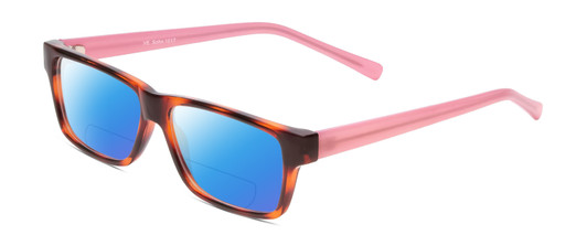 Profile View of SOHO 1017 Designer Polarized Reading Sunglasses with Custom Cut Powered Blue Mirror Lenses in Amber Brown Tortoise/Crystal Pink Ladies Rectangle Full Rim Acetate 52 mm
