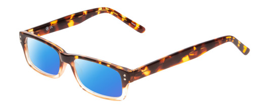 Profile View of SOHO 102 Designer Polarized Sunglasses with Custom Cut Blue Mirror Lenses in Amber Brown Tortoise Beige Crystal 2 Tone Ladies Rectangle Full Rim Acetate 50 mm