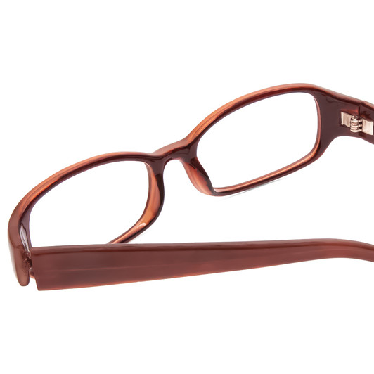 Close Up View of SOHO 62 Designer Reading Eye Glasses with Custom Cut Powered Lenses in Chocalte Brown Caramel Layered Ladies Oval Full Rim Acetate 49 mm