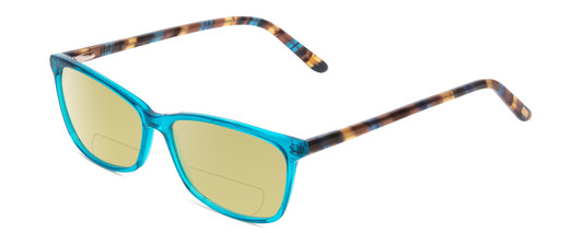Profile View of Ernest Hemingway H4696 Designer Polarized Reading Sunglasses with Custom Cut Powered Sun Flower Yellow Lenses in Teal Blue Green Crystal/Brown Yellow Navy Gold Striped Ladies Cateye Full Rim Acetate 54 mm