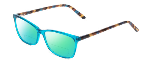 Profile View of Ernest Hemingway H4696 Designer Polarized Reading Sunglasses with Custom Cut Powered Green Mirror Lenses in Teal Blue Green Crystal/Brown Yellow Navy Gold Striped Ladies Cateye Full Rim Acetate 54 mm