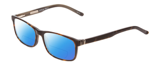 Profile View of Ernest Hemingway H4806 Designer Polarized Reading Sunglasses with Custom Cut Powered Blue Mirror Lenses in Yellow Brown Tortoise Havana/Olive Green Lines Layered Unisex Rectangle Full Rim Acetate 56 mm