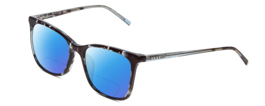 Profile View of DKNY DK500S Designer Polarized Reading Sunglasses with Custom Cut Powered Blue Mirror Lenses in Teal Blue Crystal Tortoise Ladies Cateye Full Rim Acetate 54 mm