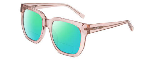 Profile View of DKNY DK513S Designer Polarized Reading Sunglasses with Custom Cut Powered Green Mirror Lenses in Crystal Blush Pink Ladies Oversized Full Rim Acetate 53 mm