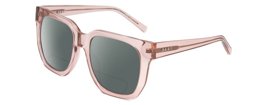 Profile View of DKNY DK513S Designer Polarized Reading Sunglasses with Custom Cut Powered Smoke Grey Lenses in Crystal Blush Pink Ladies Oversized Full Rim Acetate 53 mm