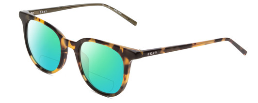 Profile View of DKNY DK507S Designer Polarized Reading Sunglasses with Custom Cut Powered Green Mirror Lenses in Tokyo Beige Tortoise Ladies Cateye Full Rim Acetate 49 mm