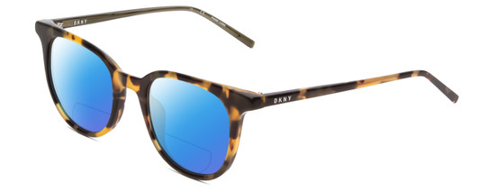 Profile View of DKNY DK507S Designer Polarized Reading Sunglasses with Custom Cut Powered Blue Mirror Lenses in Tokyo Beige Tortoise Ladies Cateye Full Rim Acetate 49 mm
