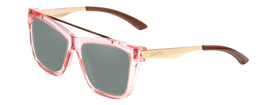 Profile View of Smith Optics Runaround Designer Polarized Reading Sunglasses with Custom Cut Powered Smoke Grey Lenses in Pink Crystal Gold Ladies Cateye Full Rim Acetate 55 mm