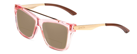 Profile View of Smith Optics Runaround Designer Polarized Reading Sunglasses with Custom Cut Powered Amber Brown Lenses in Pink Crystal Gold Ladies Cateye Full Rim Acetate 55 mm