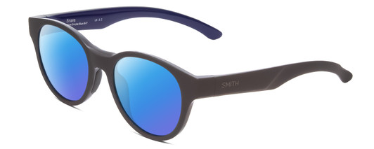 Profile View of Smith Optics Snare Designer Polarized Sunglasses with Custom Cut Blue Mirror Lenses in Matte Smoke Grey Blue Unisex Round Full Rim Acetate 51 mm